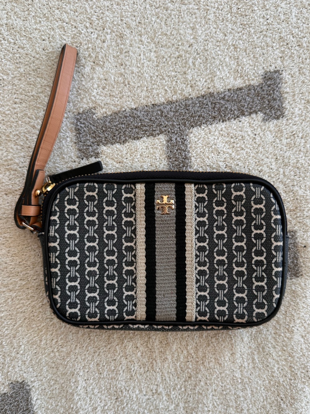 Tory Burch Black and Tan Patterned Logo Wristlet with Stripe Detail